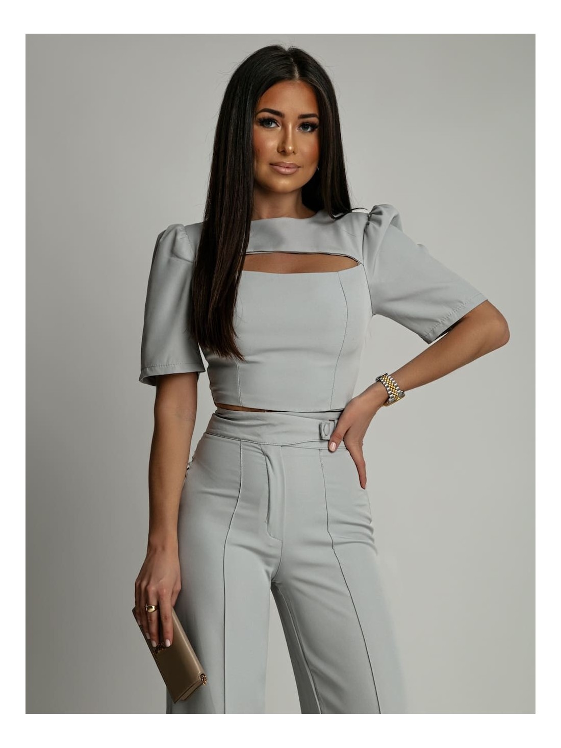 Elegant set of short blouse and wide pants, gray AZR243041